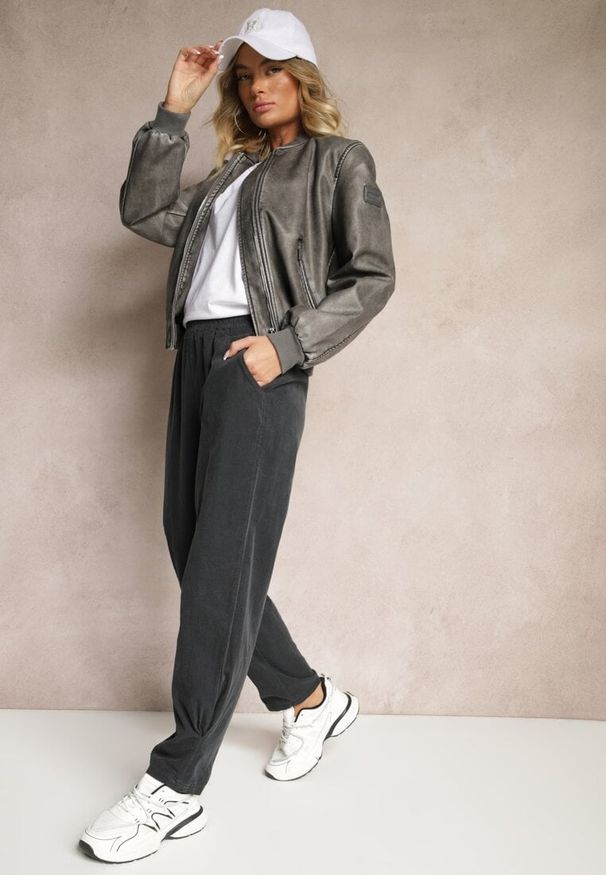 Renee - Ciemnoszare Spodnie z Bawełny High Waist Galili. Okazja: na co dzień. Stan: podwyższony. Kolor: szary. Materiał: bawełna. Styl: klasyczny, elegancki, casual