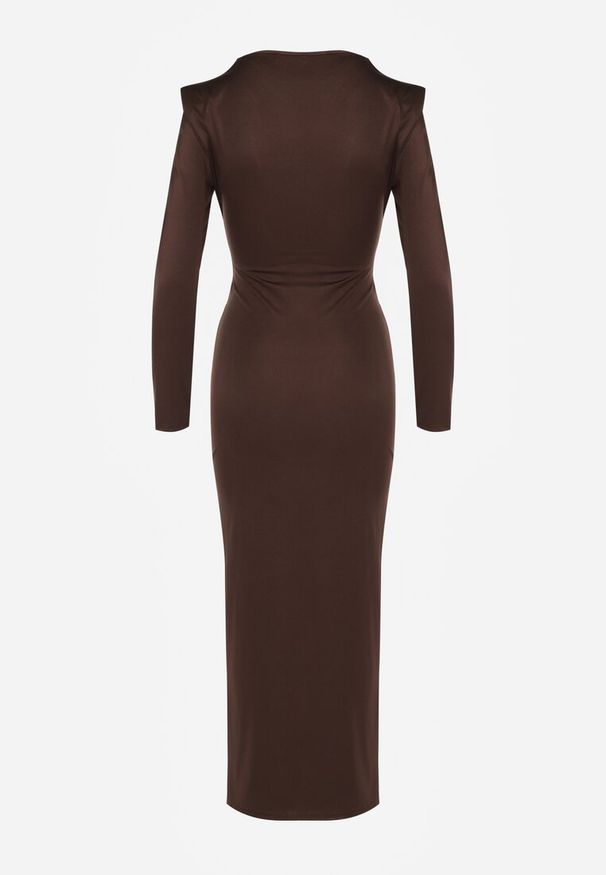 Renee - Brązowa Koktajlowa Sukienka z Rozcięciem na Nogę Zdobiona Trenem Atirga. Okazja: na studniówkę, na imprezę. Typ kołnierza: dekolt w serek. Kolor: brązowy. Wzór: aplikacja. Styl: wizytowy