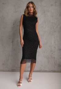 Renee - Czarna Dopasowana Sukienka w Groszki z Dekoltem Łódką Jennirina. Typ kołnierza: dekolt w łódkę. Kolor: czarny. Wzór: grochy. Typ sukienki: dopasowane. Styl: retro. Długość: mini #8