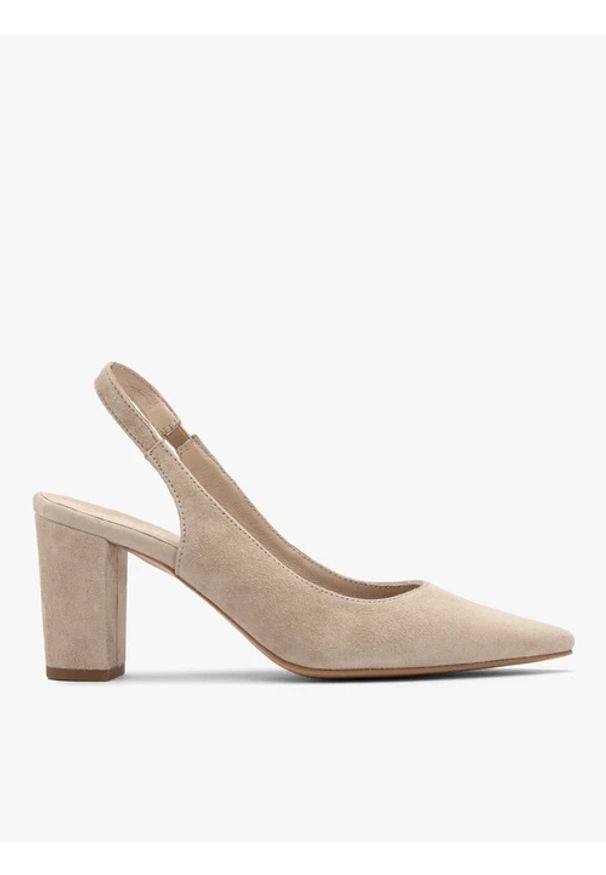 Ryłko - Beżowe czółenka na słupku z otwartą piętą. Nosek buta: otwarty. Kolor: beżowy. Materiał: skóra, welur. Szerokość cholewki: normalna. Obcas: na słupku. Styl: street. Wysokość obcasa: średni