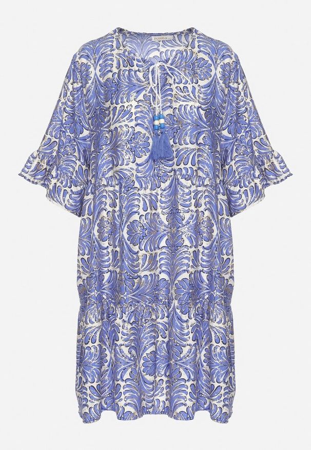 Born2be - Niebieska Sukienka z Lnem o Rozkloszowanym Kroju z Falbanami i Metalicznym Nafrukiem Rinanis. Okazja: na co dzień. Typ kołnierza: dekolt w serek. Kolor: niebieski. Materiał: len. Wzór: aplikacja. Styl: casual, elegancki, klasyczny