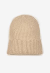 Born2be - Beżowa Czapka Ozdobiona Wywinięciem i Metaliczną Nicią Temirina. Kolor: beżowy. Wzór: aplikacja. Styl: elegancki, casual #1