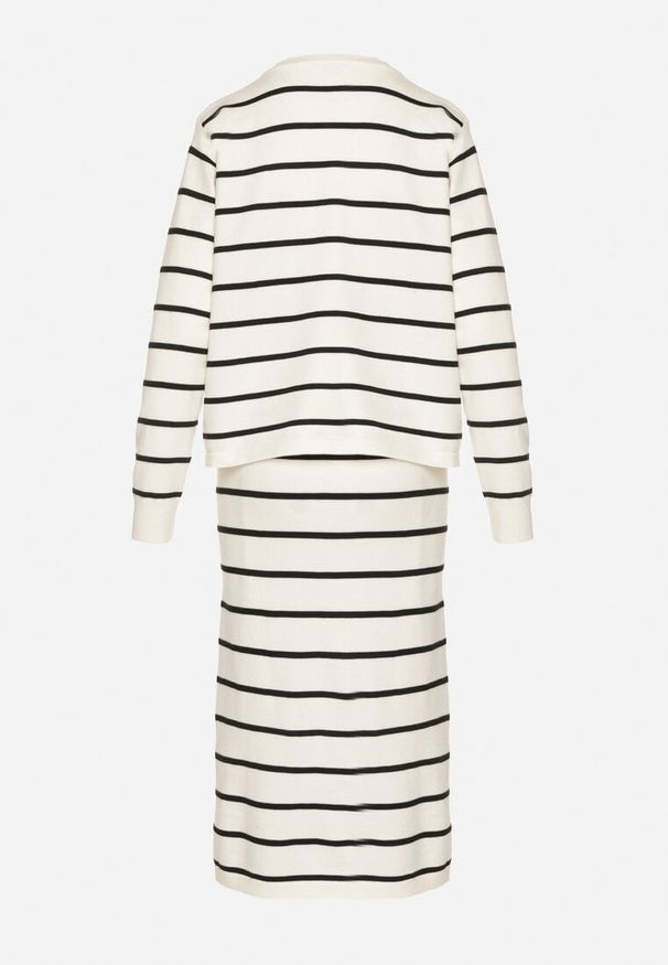 Born2be - Jasnobeżowy Komplet z Wiskozą Bluzka z Guzikami i Spódnica w Paski Asirrise. Kolor: beżowy. Materiał: wiskoza. Wzór: paski