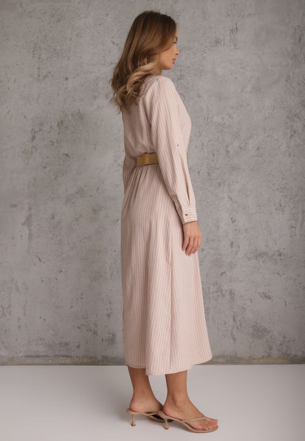 Renee - Beżowa Koszulowa Sukienka z Wiskozą z Paskiem z Plecionki Nerolia. Kolor: beżowy. Materiał: wiskoza. Wzór: paski. Typ sukienki: koszulowe. Styl: boho