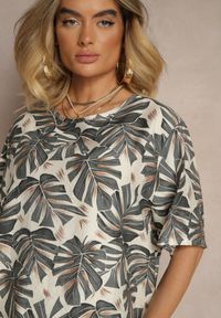 Renee - Szary Komplet z Wiskozy Zdobiony Roślinnym Printem T-shirt i Szerokie Spodnie Evialena. Kolor: szary. Materiał: wiskoza. Wzór: aplikacja, nadruk #3