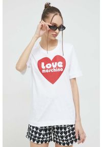 Love Moschino t-shirt bawełniany kolor biały. Okazja: na co dzień. Kolor: biały. Materiał: bawełna. Wzór: nadruk. Styl: casual