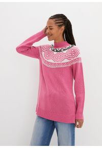 bonprix - Sweter w norweski wzór, z rozcięciami po bokach. Typ kołnierza: kołnierzyk stójkowy. Kolor: różowy. Sezon: zima