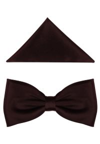 Modini - Brązowa/czekoladowa gładka muszka męska szeroka z poszetką B29. Kolor: brązowy. Materiał: poliester, tkanina. Wzór: gładki. Styl: elegancki #1