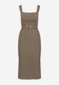 Born2be - Ciemnozielona Dopasowana Sukienka z Wiskozą z Rozcięciami i Paskiem z Klamrą Mepelle. Okazja: na co dzień. Typ kołnierza: dekolt kwadratowy. Kolor: zielony. Materiał: wiskoza. Typ sukienki: dopasowane. Styl: klasyczny, casual, elegancki #4