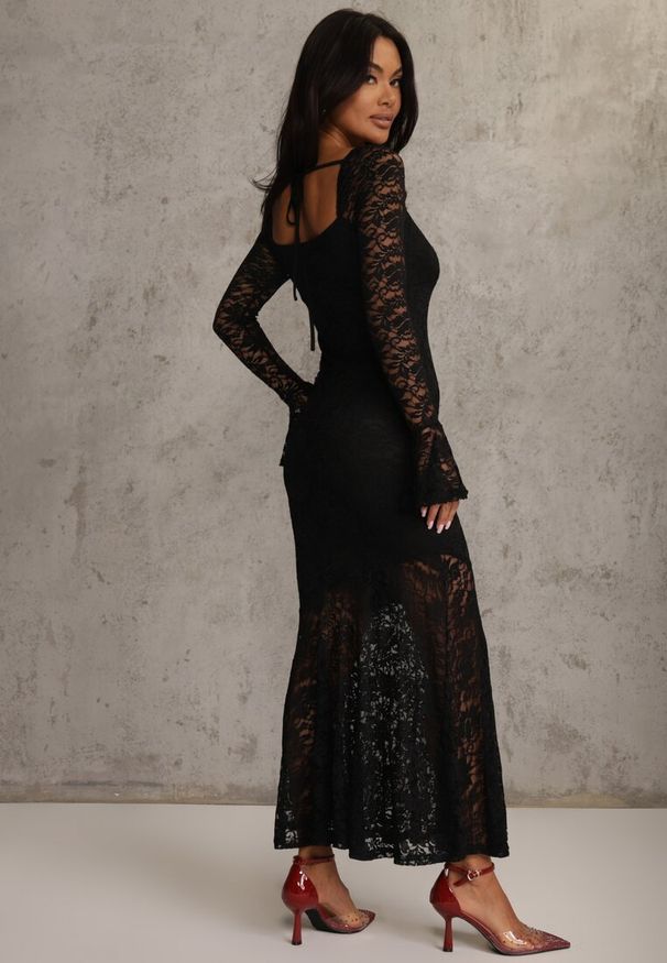 Renee - Czarna Elegancka Sukienka VICES z Koronki z Wiązaniem z Tyłu Drenvienne. Kolor: czarny. Materiał: koronka. Wzór: koronka. Typ sukienki: dopasowane, oversize. Styl: elegancki