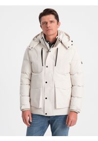 Ombre Clothing - Zimowa kurtka męska z odpinanym kapturem i kieszeniami cargo - kremowa V2 - Rozmiar: S. Kolor: kremowy. Materiał: poliester. Sezon: zima #7