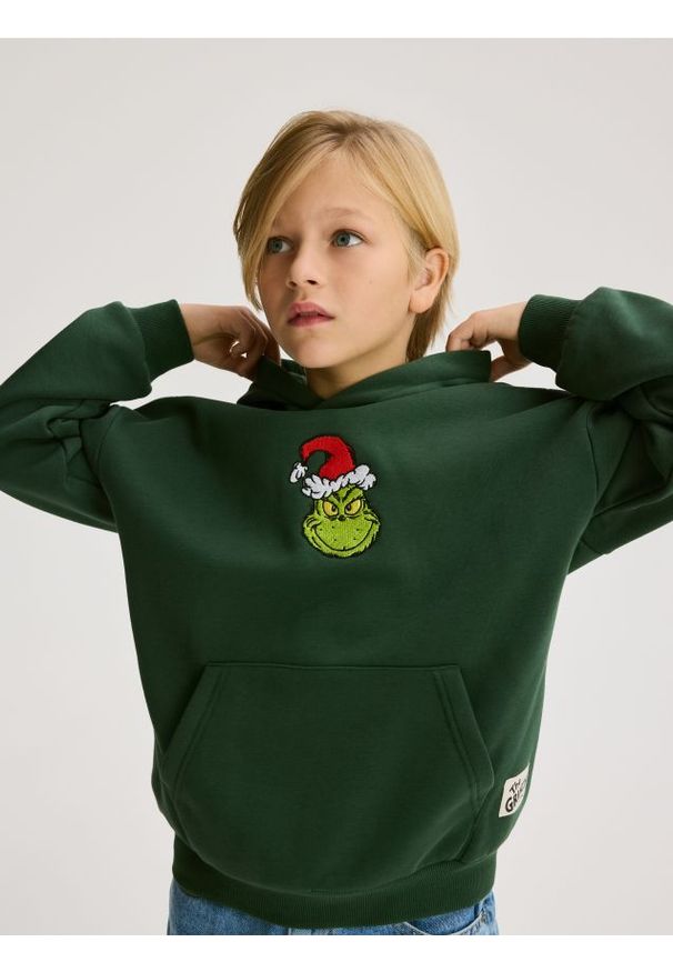 Reserved - Świąteczna bluza Grinch - ciemnozielony. Kolor: zielony. Materiał: dzianina, bawełna. Styl: wizytowy