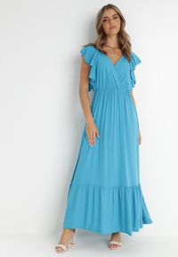 Born2be - Niebieska Sukienka z Wiskozy Aserus. Typ kołnierza: dekolt w kształcie V. Kolor: niebieski. Materiał: wiskoza. Wzór: jednolity, gładki. Typ sukienki: kopertowe. Długość: maxi #1