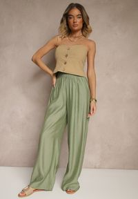 Renee - Zielone Spodnie Palazzo High Waist z Szeroką Nogawką i Gumką w Talii Jenarielis. Okazja: na co dzień. Stan: podwyższony. Kolor: zielony. Styl: casual