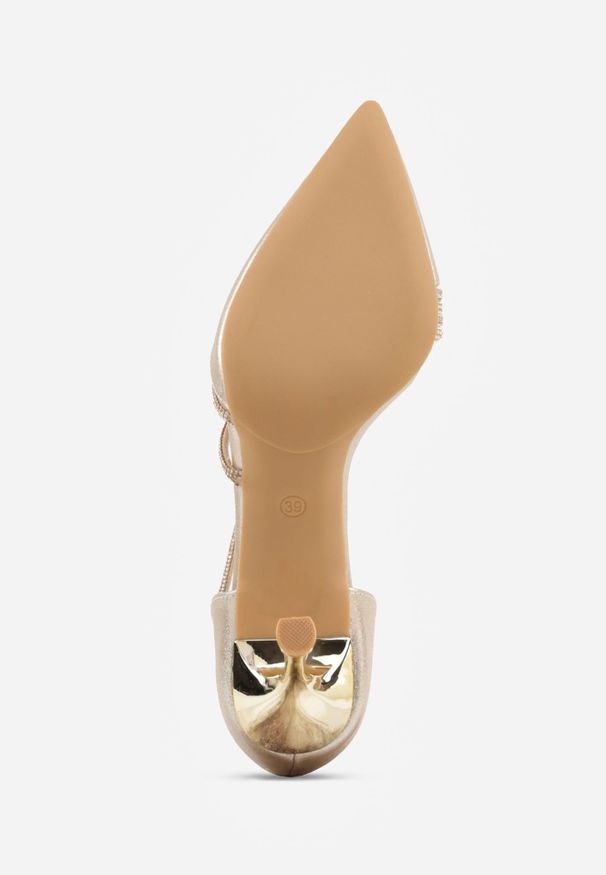 Renee - Złote Szpilki VICES z Ozdobnymi Paseczkami z Cyrkoniami w Eleganckim Stylu Jaenlith. Kolor: złoty. Materiał: satyna. Obcas: na szpilce. Styl: elegancki