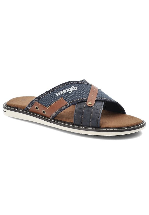 Granatowe Klapki Wrangler Modne Obuwie Męskie. Okazja: na co dzień. Kolor: niebieski. Materiał: materiał, skóra. Wzór: paski. Sezon: lato. Styl: wakacyjny, elegancki, casual