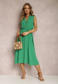 Renee - Zielona Sukienka z Paskiem Phellialla. Typ kołnierza: dekolt w kształcie V. Kolor: zielony. Długość rękawa: bez rękawów. Długość: midi