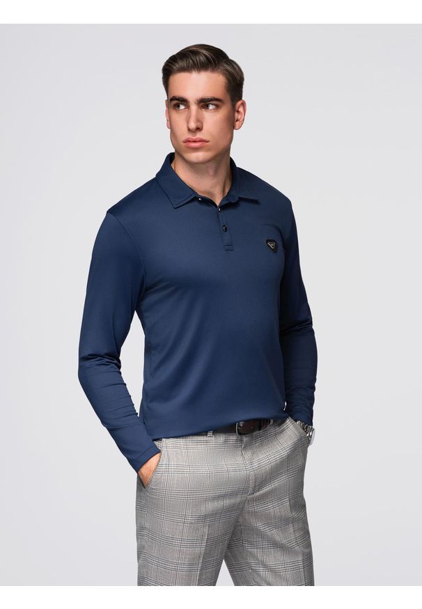Ombre Clothing - Polo koszulka z długim rękawem zapinana na eleganckie, brandowane guziki – granatowa V3 - Rozmiar: L. Okazja: na co dzień. Typ kołnierza: polo. Kolor: niebieski. Materiał: elastan, nylon, dzianina, skóra. Długość rękawa: długi rękaw. Długość: długie. Styl: elegancki