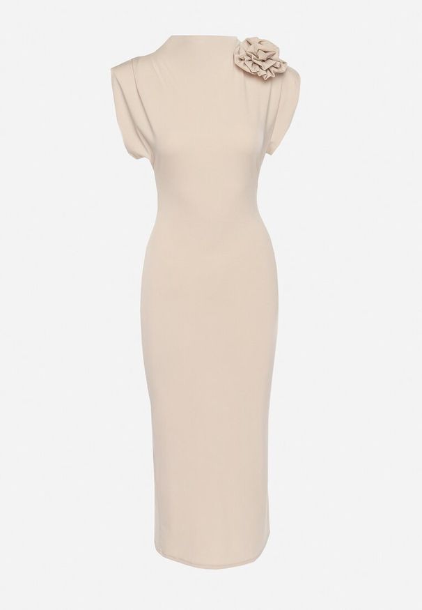 Born2be - Beżowa Sukienka Midi Dopasowana z Ozdobną Broszką w Kształcie Kwiatka Agnolia. Kolor: beżowy. Wzór: kwiaty. Styl: klasyczny. Długość: midi