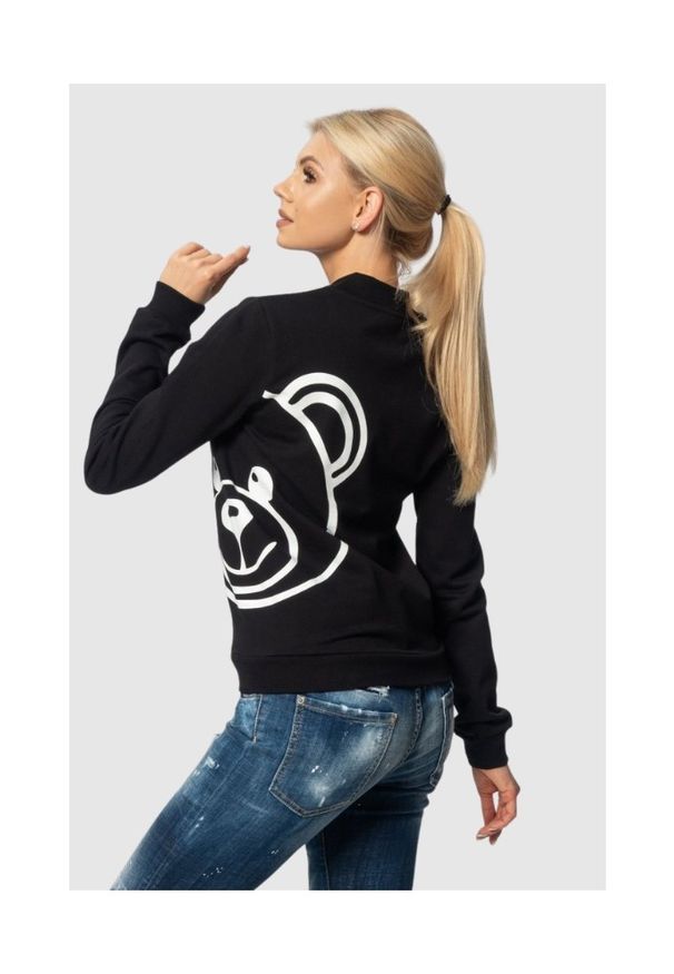 MOSCHINO Czarna bluza damska na zamek, Rozmiar XS. Kolor: czarny. Materiał: prążkowany. Wzór: nadruk