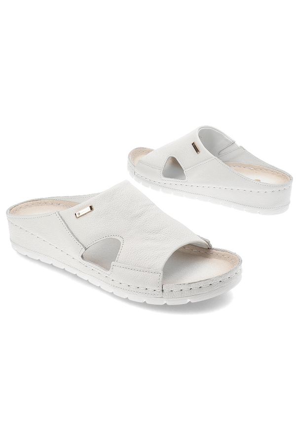 Białe Klapki Armodo Modne Obuwie Damskie. Kolor: biały. Materiał: skóra. Wzór: kolorowy. Sezon: lato. Styl: elegancki