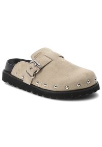 Big-Star - Klapki damskie Big Star, cholewka ze skóry naturalnej zamszowej z regulowanym paskiem i sprzączką, beżowe, RR274A376. Okazja: na co dzień, na spacer. Kolor: beżowy. Materiał: skóra, zamsz. Styl: elegancki, casual #1