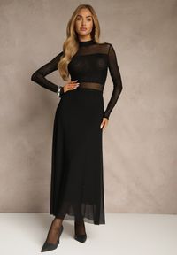 Renee - Czarna Rozkloszowana Sukienka Longsleeve z Siateczki z Dodatkiem Wiskozy Eprella. Okazja: na randkę. Typ kołnierza: kołnierzyk stójkowy. Kolor: czarny. Materiał: wiskoza. Długość rękawa: długi rękaw. Styl: elegancki #3