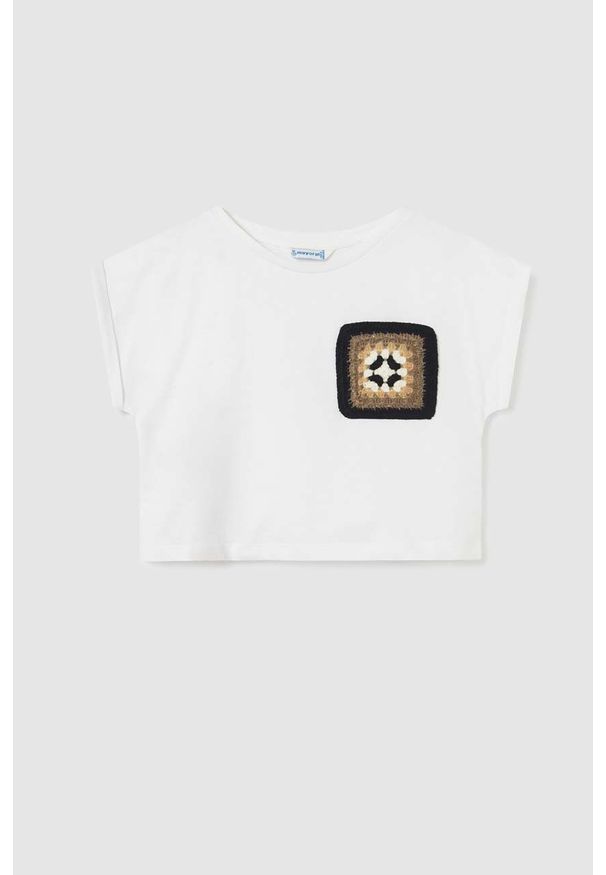 Mayoral t-shirt dziecięcy kolor beżowy. Okazja: na co dzień. Kolor: beżowy. Wzór: aplikacja. Styl: casual
