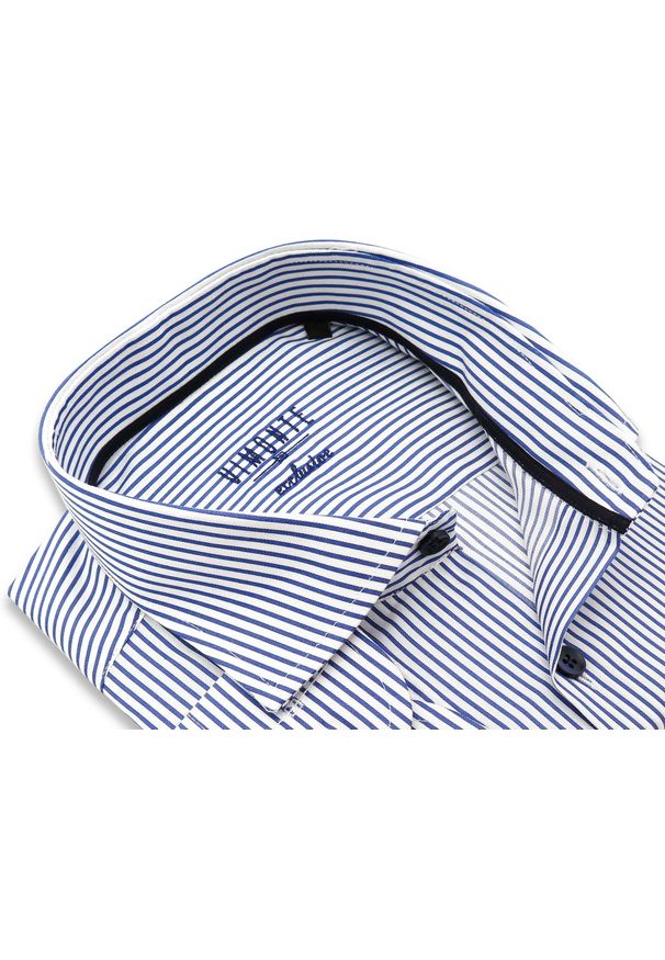 Mmer / Villaro - Koszule męskie - Biała koszula VIMONTE w niebieskie paski/prążki 021VIM. Kolor: biały, wielokolorowy, niebieski. Materiał: bawełna, tkanina. Długość: długie. Wzór: prążki, paski