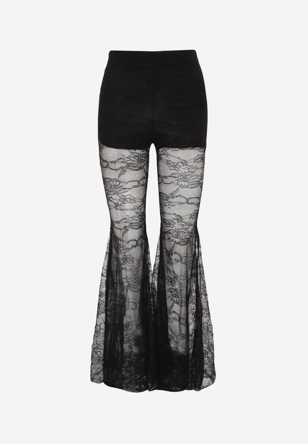 Renee - Czarne Spodnie High Waist o Kroju Dzwonów z Koronki Ferella. Okazja: na randkę. Stan: podwyższony. Kolor: czarny. Materiał: koronka. Wzór: koronka. Styl: klasyczny, elegancki