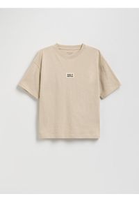 Reserved - Bawełniany t-shirt - kremowy. Kolor: kremowy. Materiał: bawełna