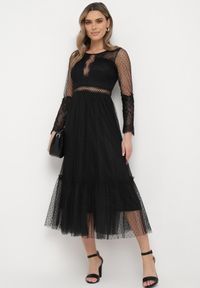 Born2be - Czarna Sukienka Maxi o Rozkloszowanym Fasonie z Ozdobną Koronką i Tiulem Steilla. Kolor: czarny. Materiał: tiul, koronka. Wzór: koronka. Długość: maxi #4