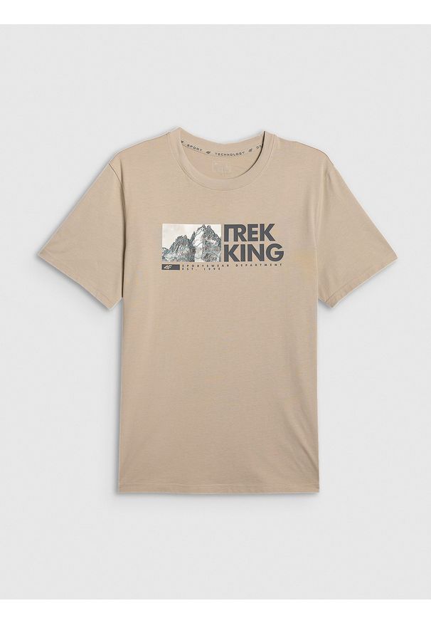 4f - 4F T-shirt regular z nadrukiem męski - beżowy XXL. Okazja: na co dzień. Kolor: beżowy. Materiał: dzianina, bawełna. Wzór: nadruk. Styl: casual