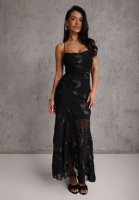 Renee - Czarna Wieczorowa Sukienka z Siateczki z Gorsetowym Wiązaniem na Plecach Cezenna. Okazja: na co dzień. Typ kołnierza: dekolt gorset. Kolor: czarny. Wzór: aplikacja, kwiaty. Typ sukienki: gorsetowe. Styl: wizytowy #8