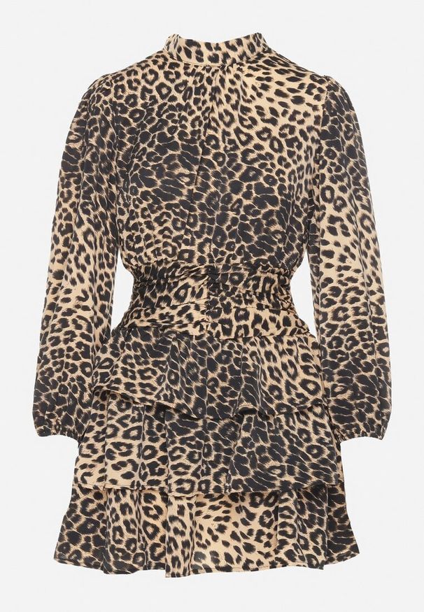 Born2be - CIemnobeżowa Rozkloszowana Sukienka w Panterkę Zwężana w Talii z Falbanami Liliwia. Okazja: na co dzień. Kolor: beżowy. Długość rękawa: długi rękaw. Wzór: motyw zwierzęcy. Styl: casual, klasyczny