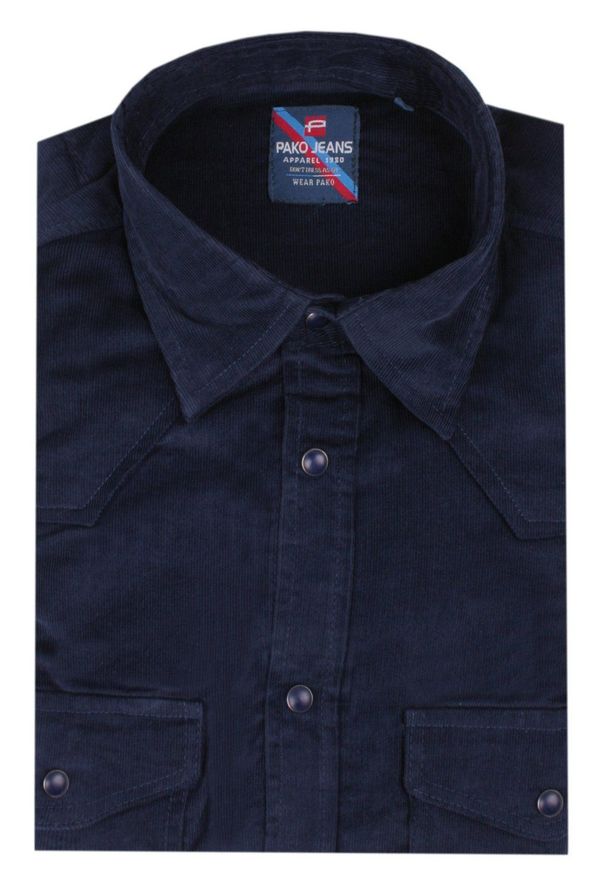 Wygodna Koszula z Delikatnego Sztruksu - Pako Jeans - Granatowa. Okazja: na co dzień. Kolor: niebieski. Materiał: bawełna. Styl: casual