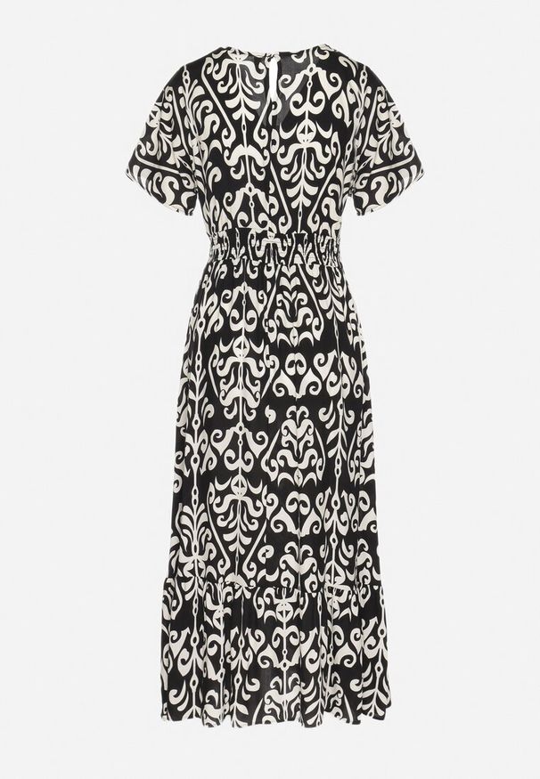 Born2be - Czarna Sukienka z Wiskozy w Abstrakcyjny Wzór Faledira. Okazja: na co dzień. Typ kołnierza: dekolt w serek. Kolor: czarny. Materiał: wiskoza. Długość rękawa: krótki rękaw. Typ sukienki: proste. Styl: casual, klasyczny