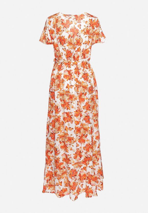 Born2be - Pomarańczowa Wiskozowa Sukienka o Rozkloszowanym Kroju z Gumką w Talii i Materiałowym Paskiem Vikletta. Kolor: pomarańczowy. Materiał: wiskoza, materiał. Długość rękawa: krótki rękaw. Typ sukienki: rozkloszowane. Styl: elegancki