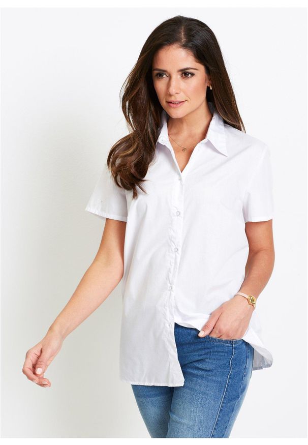 bonprix - Bluzka z krótkim rękawem, z popeliny. Kolor: biały. Długość rękawa: krótki rękaw. Długość: krótkie. Styl: klasyczny