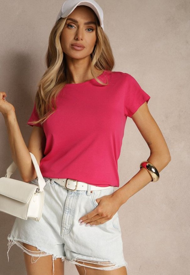 Renee - Fuksjowy Basicowy T-shirt z Bawełny Mevolena. Okazja: na co dzień. Kolor: różowy. Materiał: bawełna. Styl: klasyczny, casual