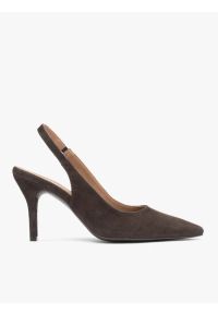 Ryłko - Brązowe czółenka bez pięty slingback na wysokim obcasie. Okazja: na co dzień. Kolor: brązowy. Materiał: welur, skóra. Szerokość cholewki: normalna. Obcas: na obcasie. Styl: street, elegancki, casual. Wysokość obcasa: wysoki #1