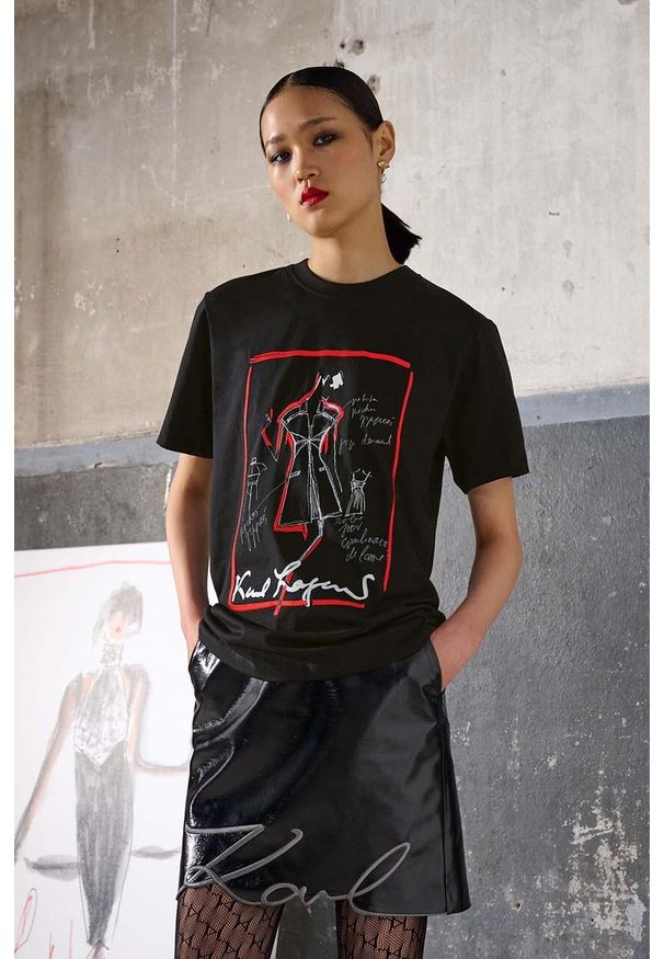 Karl Lagerfeld t-shirt bawełniany x The Ultimate icon kolor czarny. Okazja: na co dzień. Kolor: czarny. Materiał: bawełna. Długość rękawa: krótki rękaw. Długość: krótkie. Wzór: haft. Styl: casual, klasyczny