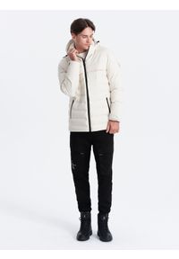Ombre Clothing - Zimowa kurtka męska z odpinanym kapturem - kremowa V2 - Rozmiar: L. Kolor: kremowy. Materiał: poliester, polar. Sezon: zima #8