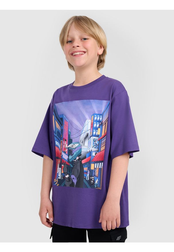 4f - 4F T-shirt oversize z nadrukiem chłopięcy - fioletowy 128 (7-8 lat). Okazja: na co dzień. Kolor: fioletowy. Materiał: jersey, bawełna, materiał. Wzór: nadruk. Sezon: lato. Styl: casual, klasyczny, sportowy