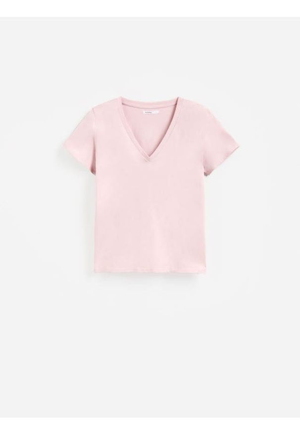 Reserved - Bawełniany t-shirt - pastelowy róż. Kolor: różowy. Materiał: bawełna