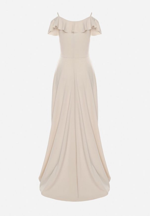 Born2be - Beżowa Koktajlowa Sukienka na Ramiączkach z Falbankami i Rozcięciem Waterlily. Typ kołnierza: kołnierz z falbankami. Kolekcja: dla wysokich. Kolor: beżowy. Długość rękawa: na ramiączkach. Styl: wizytowy. Długość: maxi