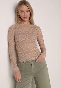 Born2be - Beżowa Bluzka Koronkowa z Transparentnego Materiału Hermatea. Okazja: na co dzień. Kolor: beżowy. Materiał: materiał, koronka. Styl: casual, elegancki, klasyczny #5
