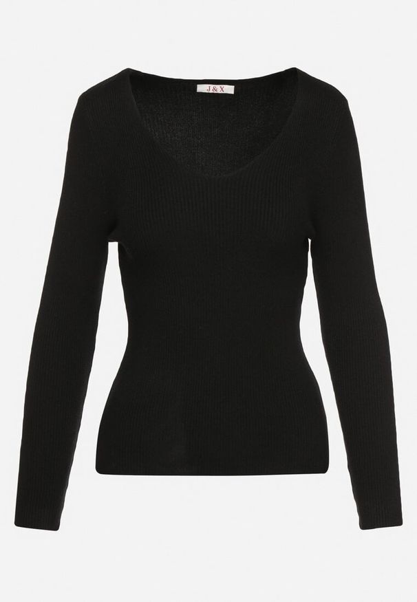 Born2be - Czarny Sweter Prążkowany z Trójkątnym Dekoltem Vorila. Okazja: na co dzień. Kolor: czarny. Materiał: prążkowany. Styl: elegancki, casual
