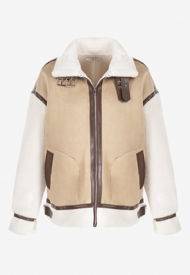 Born2be - Beżowa Kurtka Pilotka ze Sztucznym Barankowym Futerkiem Northe. Okazja: na co dzień. Kolor: beżowy. Materiał: futro. Długość rękawa: długi rękaw. Długość: długie. Styl: klasyczny, casual, elegancki