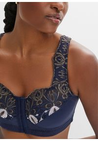 bonprix - Biustonosz odciążający bez fiszbinów z praktycznym zapięciem z przodu. Kolor: niebieski. Wzór: haft #3